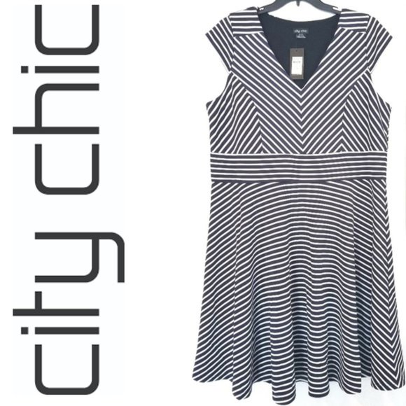 CITY CHIC | Black and White Striped Chevron Fit and Flare Dress XL/22 - Picture 1 of 3